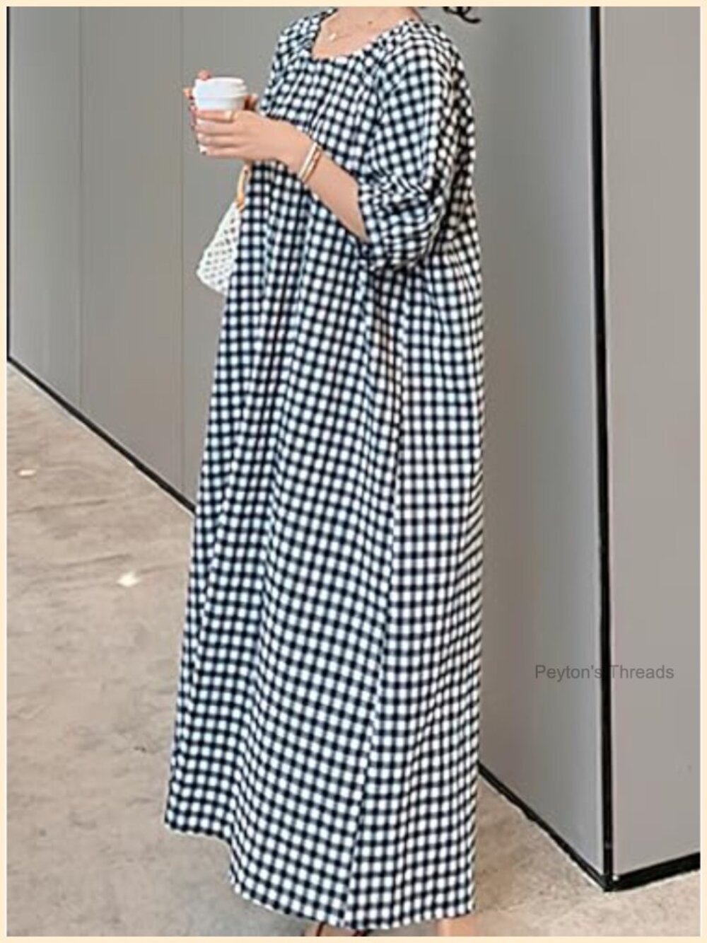 Gingham Loose-Fit Swing Midi Dress with Lantern Puff Sleeves - Picture 5 of 7